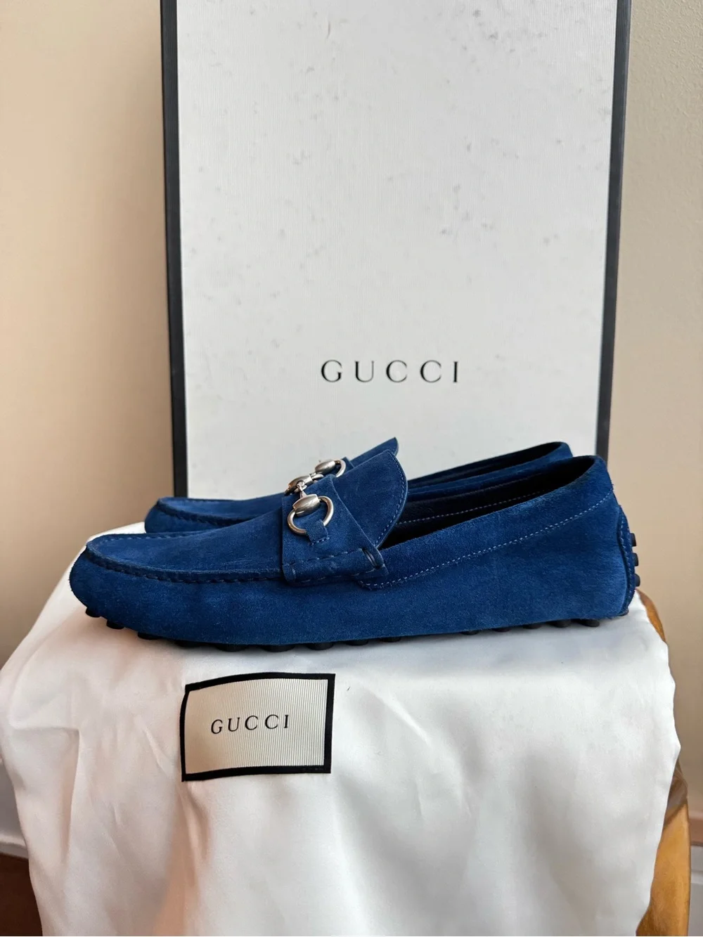 NWT Gucci Men’s Horsebit Loafers in Royal Blue, Suede, size 7 (US Men’s 7.5)